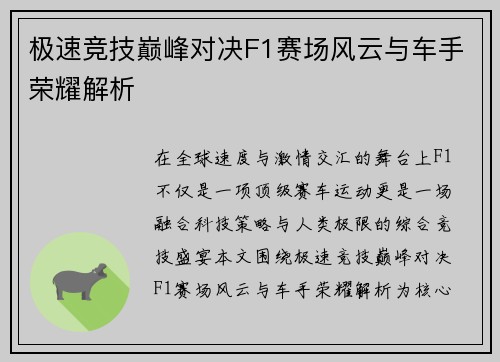极速竞技巅峰对决F1赛场风云与车手荣耀解析